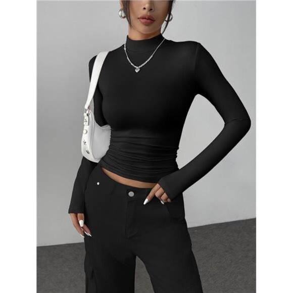 Women’s Mock Turtleneck Long Sleeve Top | Slim Fit Stretchy Basic Shirt - Picture 4 of 5